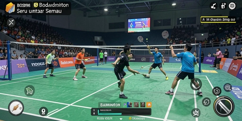 Antarmuka layar BOS898 dengan karakter badminton beraksi.
